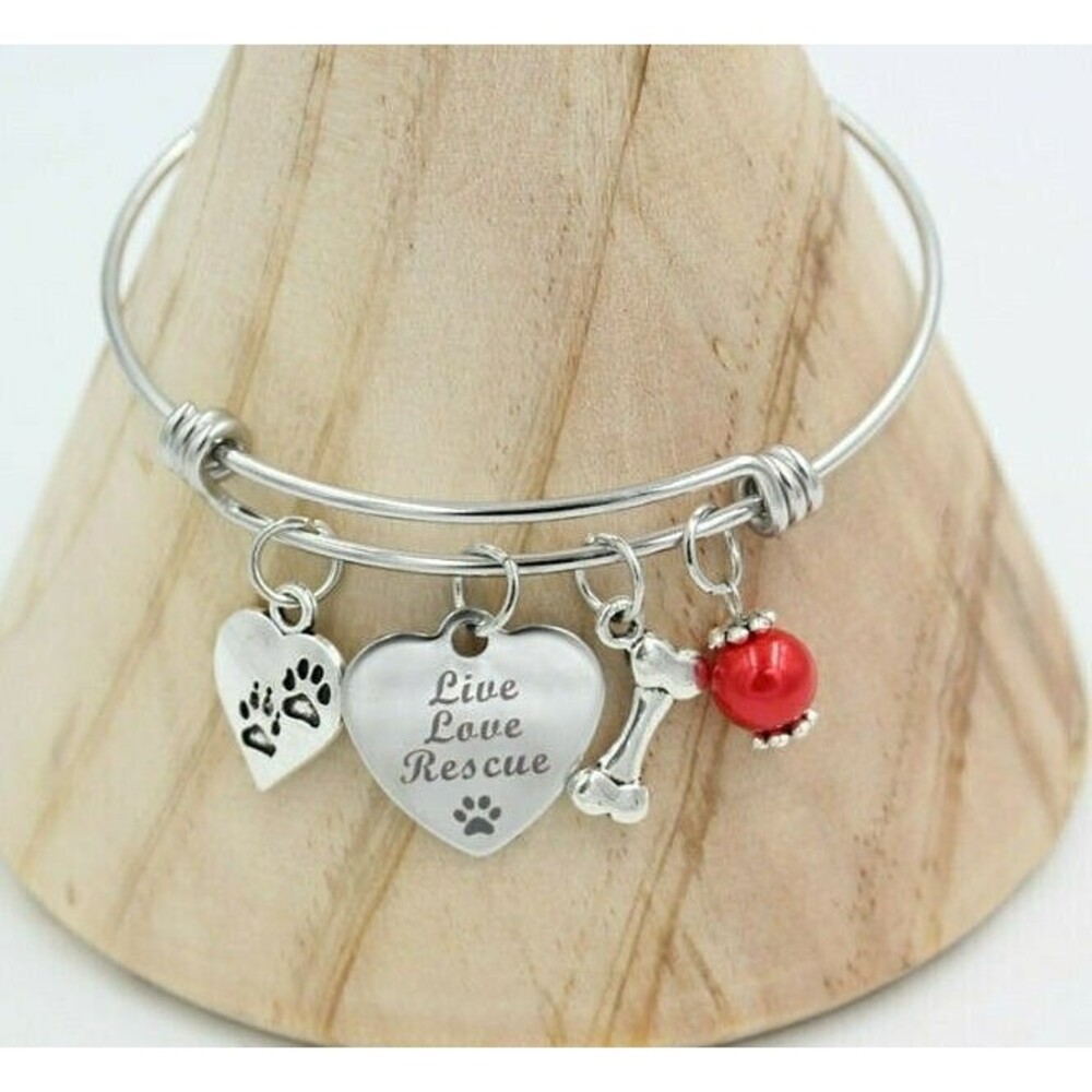 Pet Rescue Wire Bracelet "Live Love Rescue" Dog Cat Lover Silver Tone Paw Print